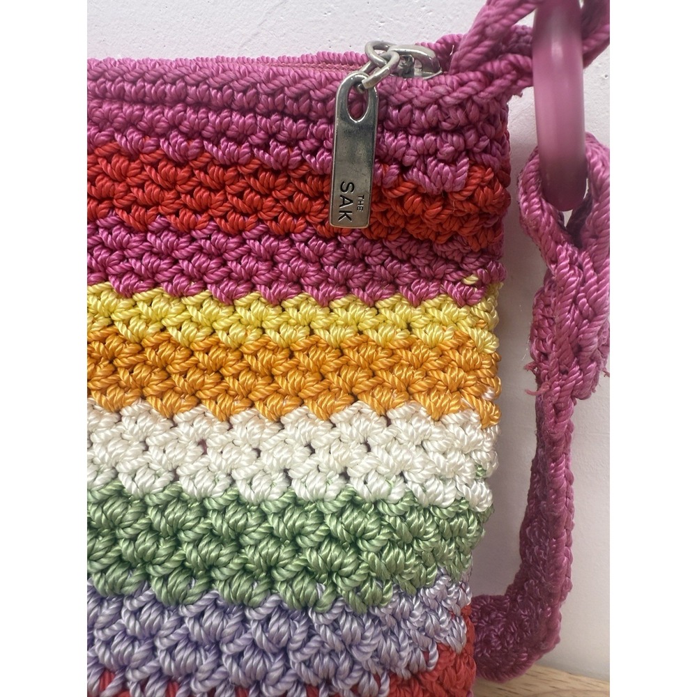 The SAK Original Pink Multicolor Striped Zippered Crochet Handbag Crossbody #50 - Picture 4 of 11